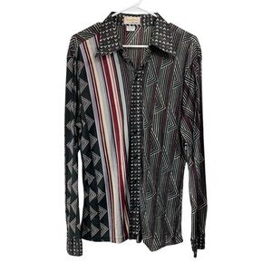Vintage 70s Size L/XL J Riggings Disco Shirt Geometric Stripes Multi Print